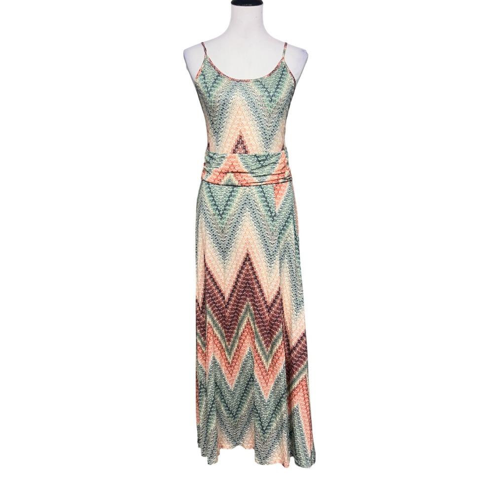 NWT LASCANA Maxi Dress Women 10 Green Orange Chevron Print Pure Selection Resort